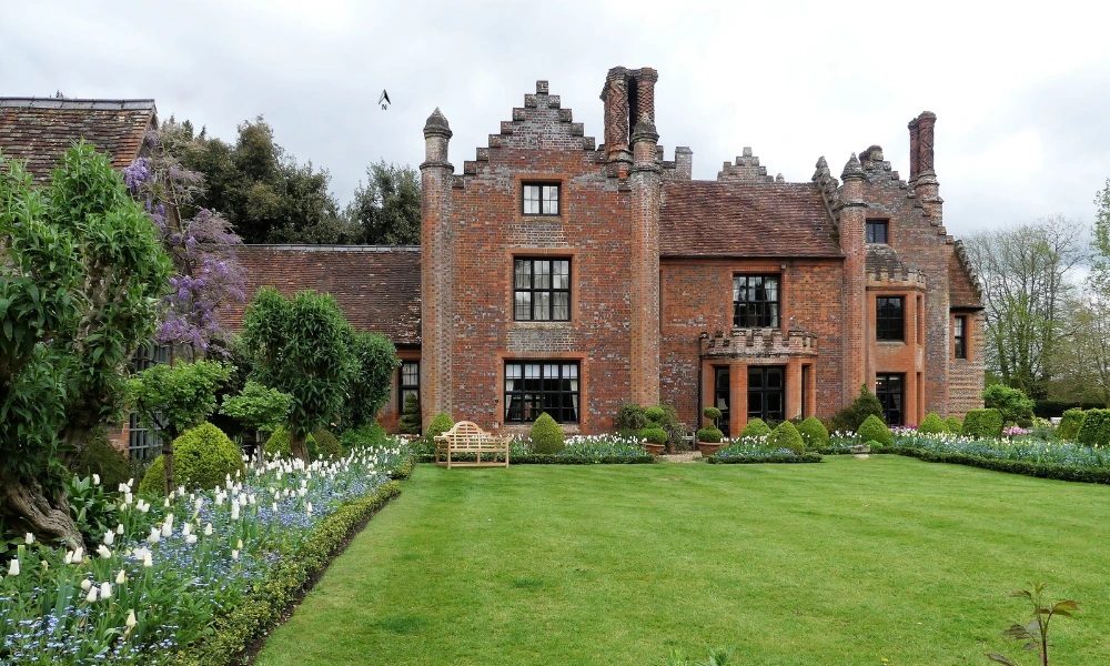 Chenies Manor House, a Tudor Grade I listed building, in springtime